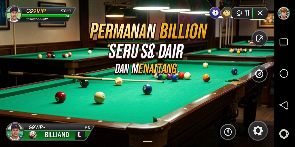 Tampilan antarmuka pengguna G9VIP yang menarik dalam permainan billiard.