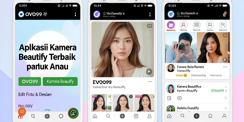 Antarmuka pengguna OVO99 dengan fitur Kamera Beautify yang intuitif.