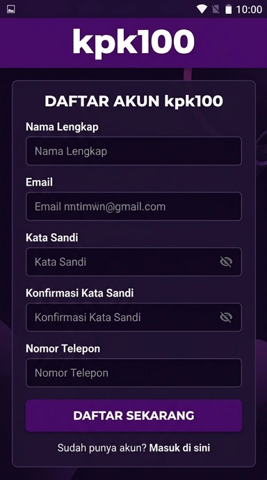 Registrasi Akun Baru di kpk100 untuk Android